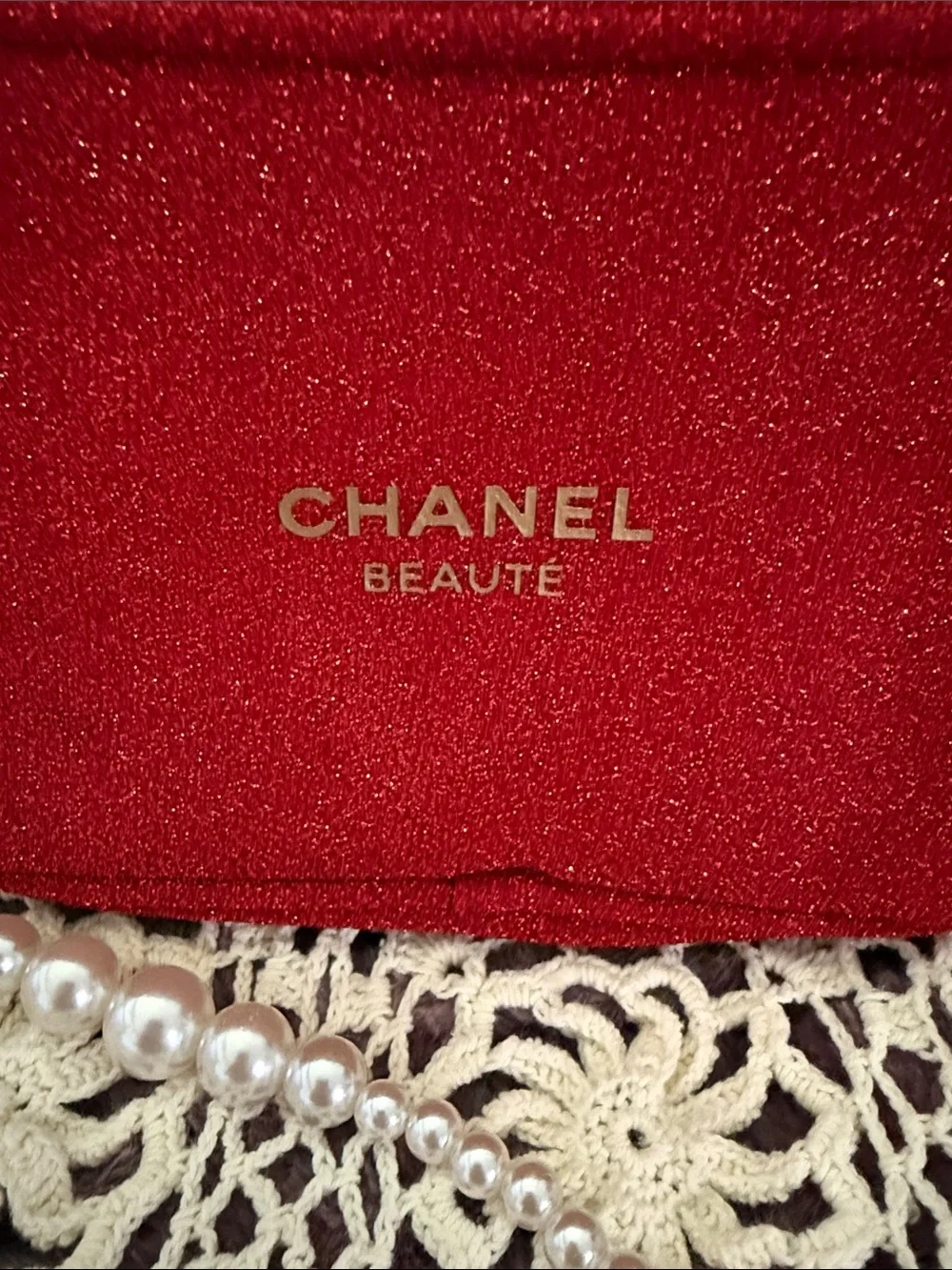 CHANEL Red Glitter Pearl-Handle Cosmetic Pouch